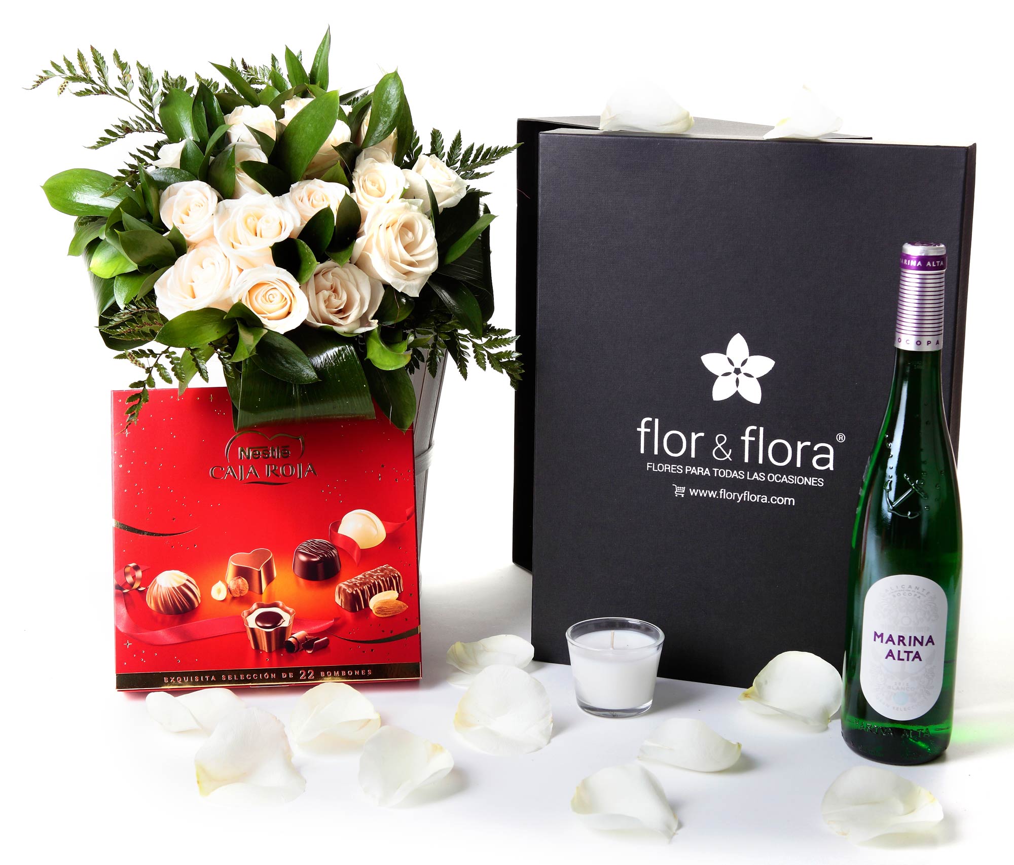 Caja regalo 15 rosas blancas + vela + vino blanco + regalo - Cajas regalo  negras - Cajas regalo en León. Flor & Flora, flores para todas las  ocasiones.
