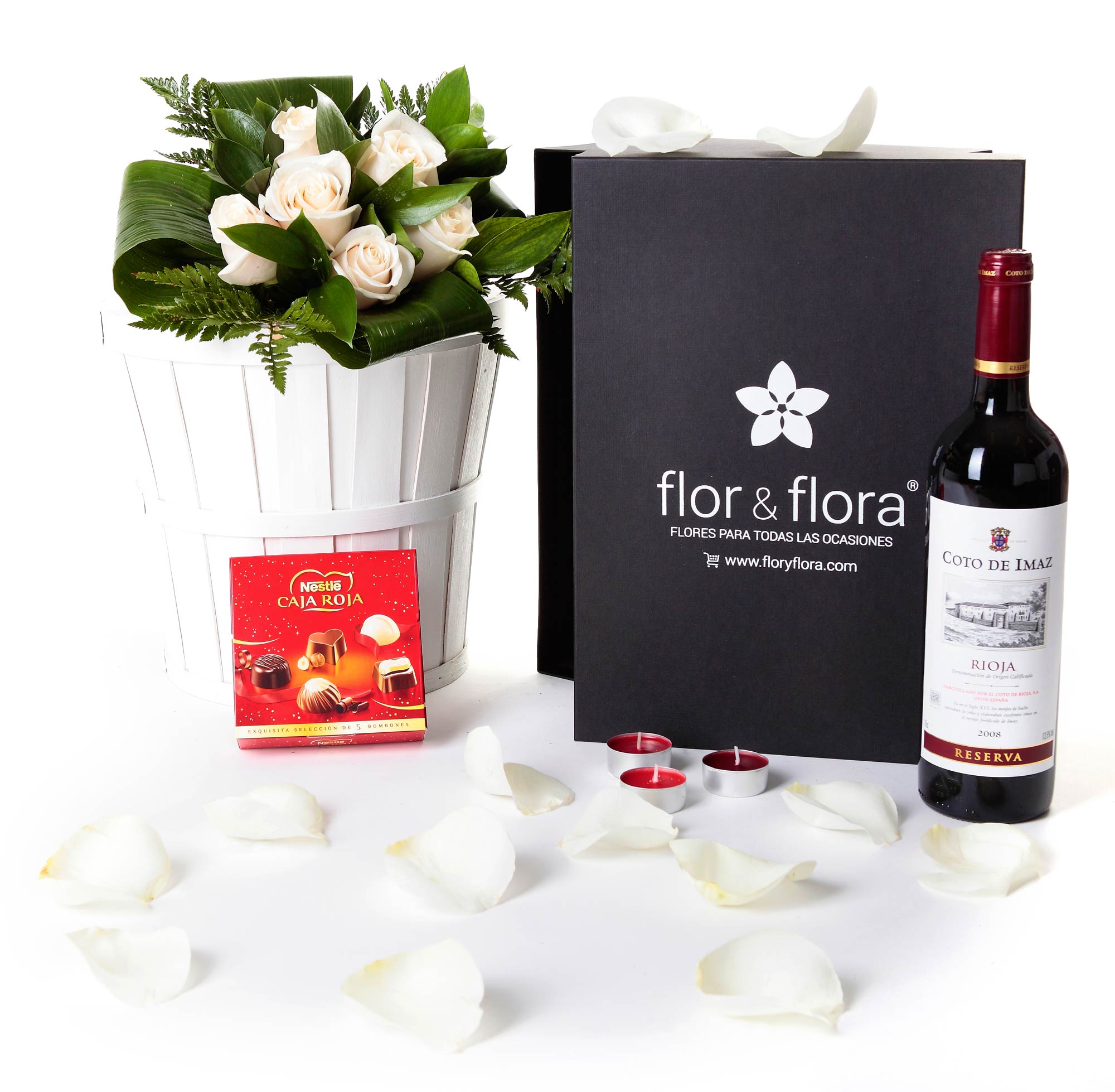 Caja regalo 6 rosas blancas + vino Rioja + regalo - Cajas regalo negras -  Cajas regalo en León. Flor & Flora, flores para todas las ocasiones.